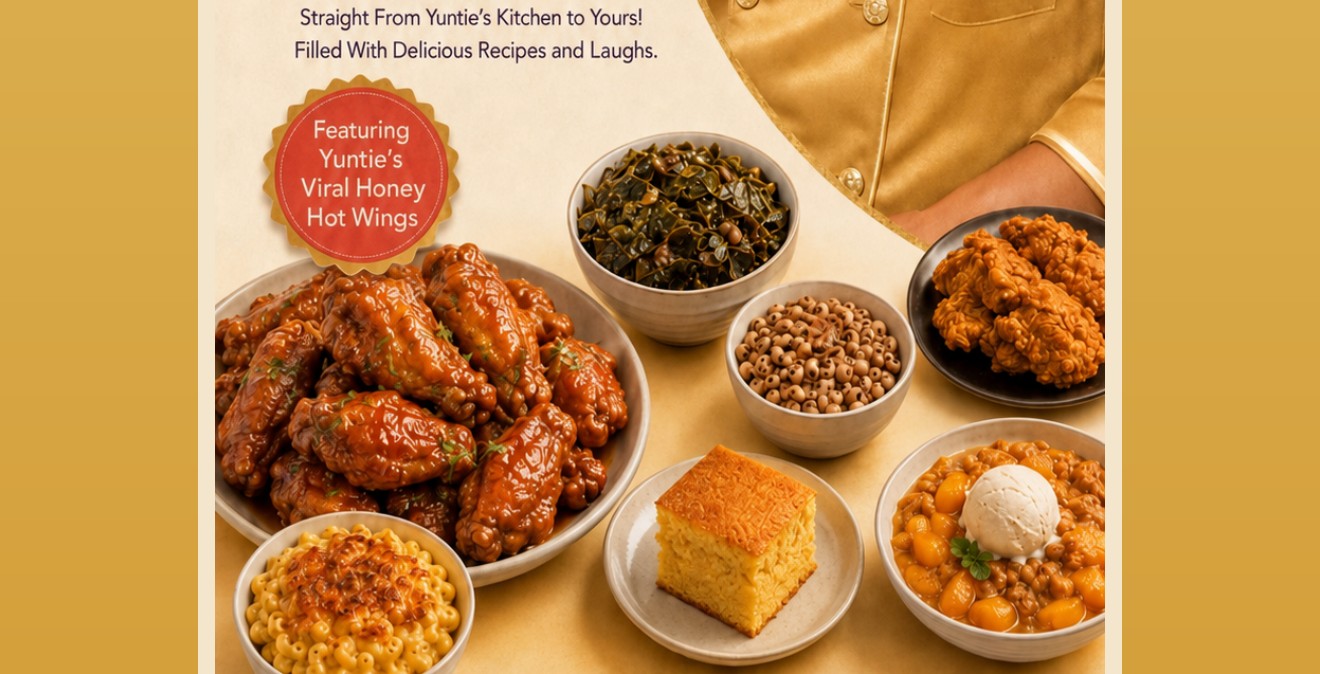 Yuntie's Miami Southern plate: honey hot wings, collards, black-eyed peas, cornbread, mac and cheese, peach cobbler
